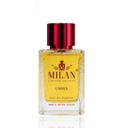 Detaliu flacon Milan Tobacco and Sensual Limited Edition apa de parfum, evidențiind eticheta galbenă și capacul metalic texturat.