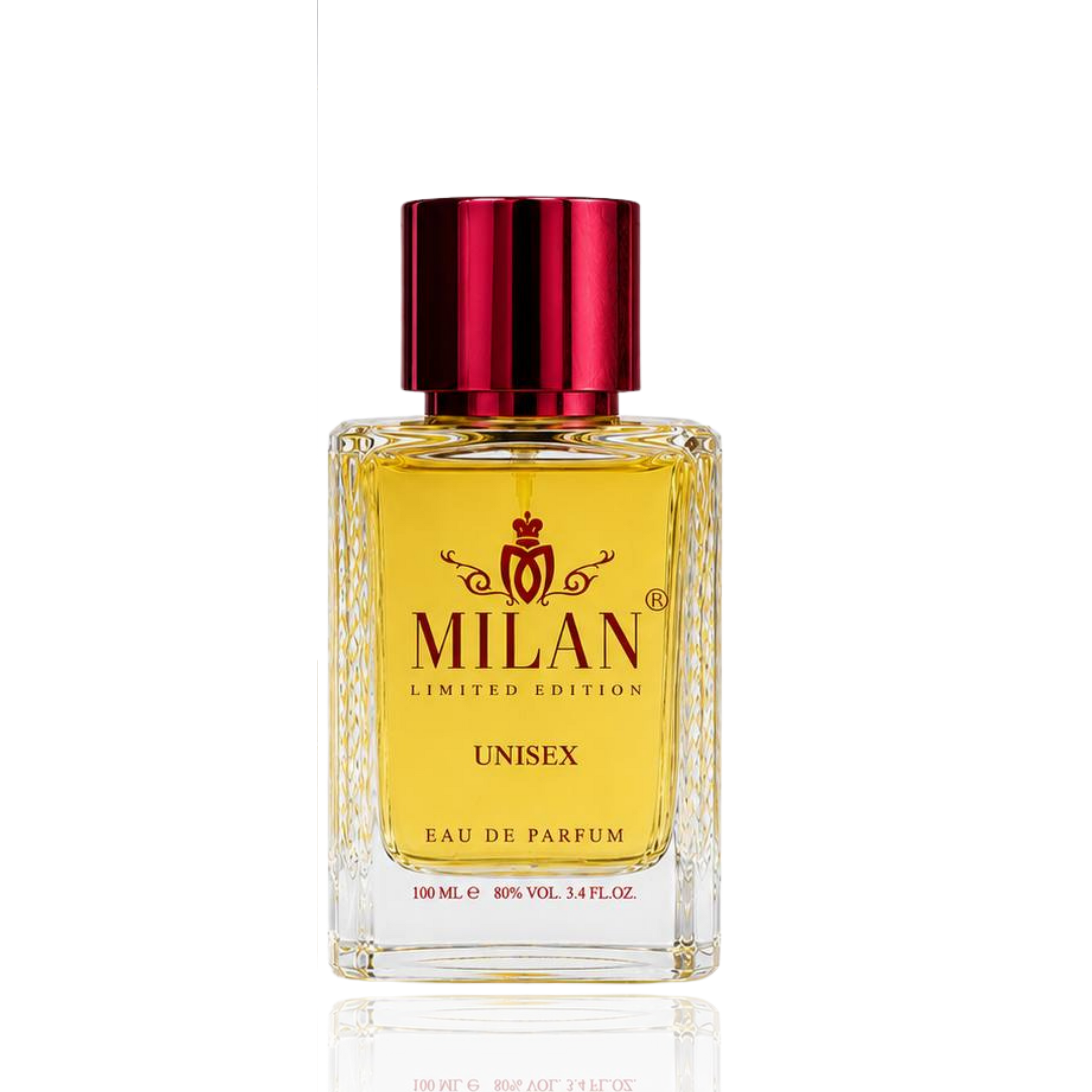 Detaliu flacon Milan Tobacco and Sensual Limited Edition apa de parfum, evidențiind eticheta galbenă și capacul metalic texturat.