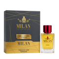 Milan Tobacco and Sensual Limited Edition apa de parfum unisex 100 ml flacon frontal cu lichid galben-auriu și capac bordo.