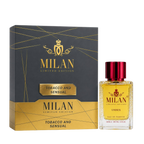 Milan Tobacco and Sensual Limited Edition apa de parfum unisex 100 ml flacon frontal cu lichid galben-auriu și capac bordo.