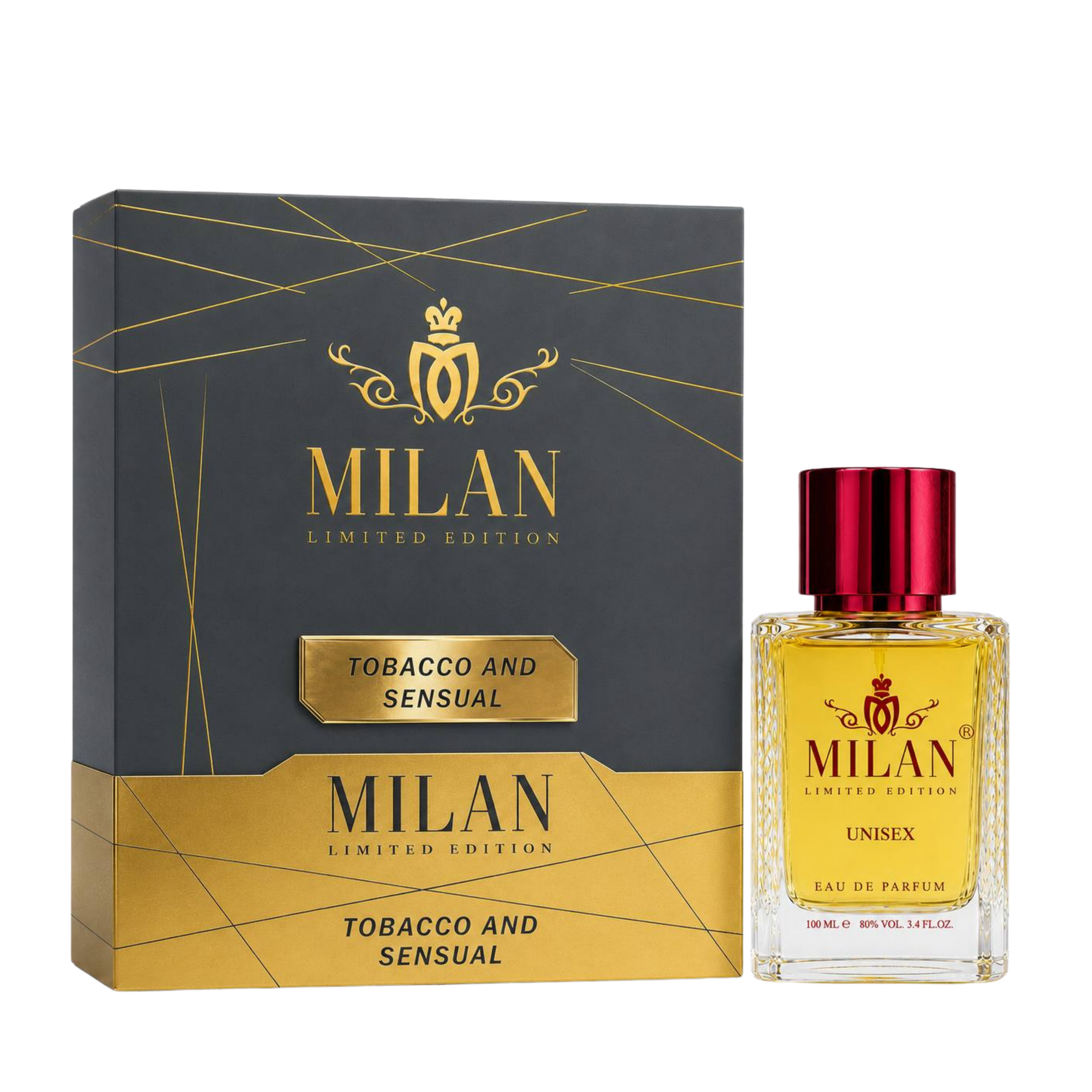 Milan Tobacco and Sensual Limited Edition apa de parfum unisex 100 ml flacon frontal cu lichid galben-auriu și capac bordo.