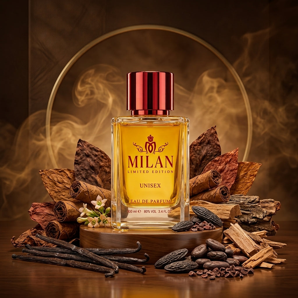 Milan Tobacco and Sensual Limited Edition apa de parfum prezentat alături de frunze de tutun, vanilie, cacao și fructe uscate.