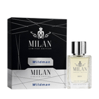 Milan Wildman Limited Edition apa de parfum masculin, flacon frontal de 100 ml cu design elegant și detalii argintii.