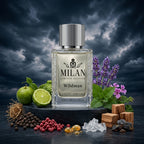 Milan Wildman Limited Edition apa de parfum original prezentat alături de bergamotă, piper, lavandă, ambroxan și cedru.