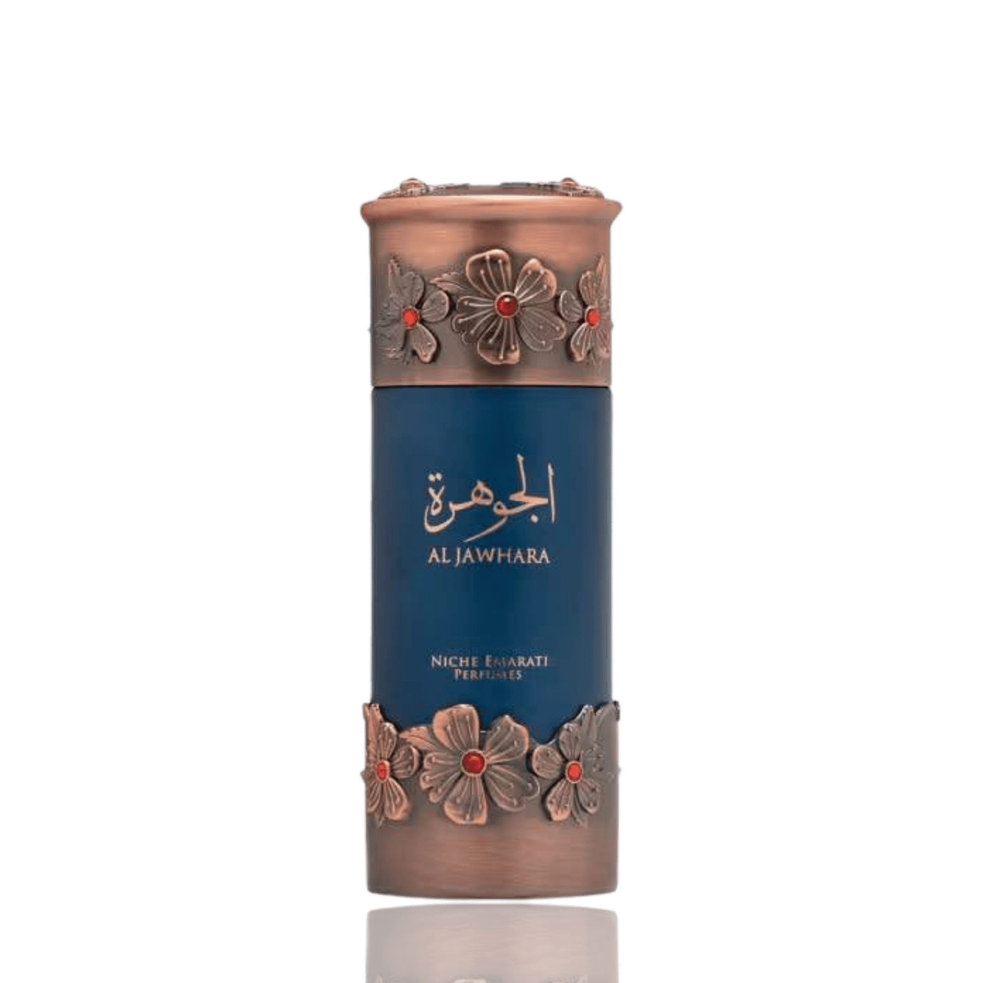 Detaliu flacon premium Niche Emarati Al Jawhara 100 ml, reliefând finisajele excepționale, eticheta și sticla prețioasă.