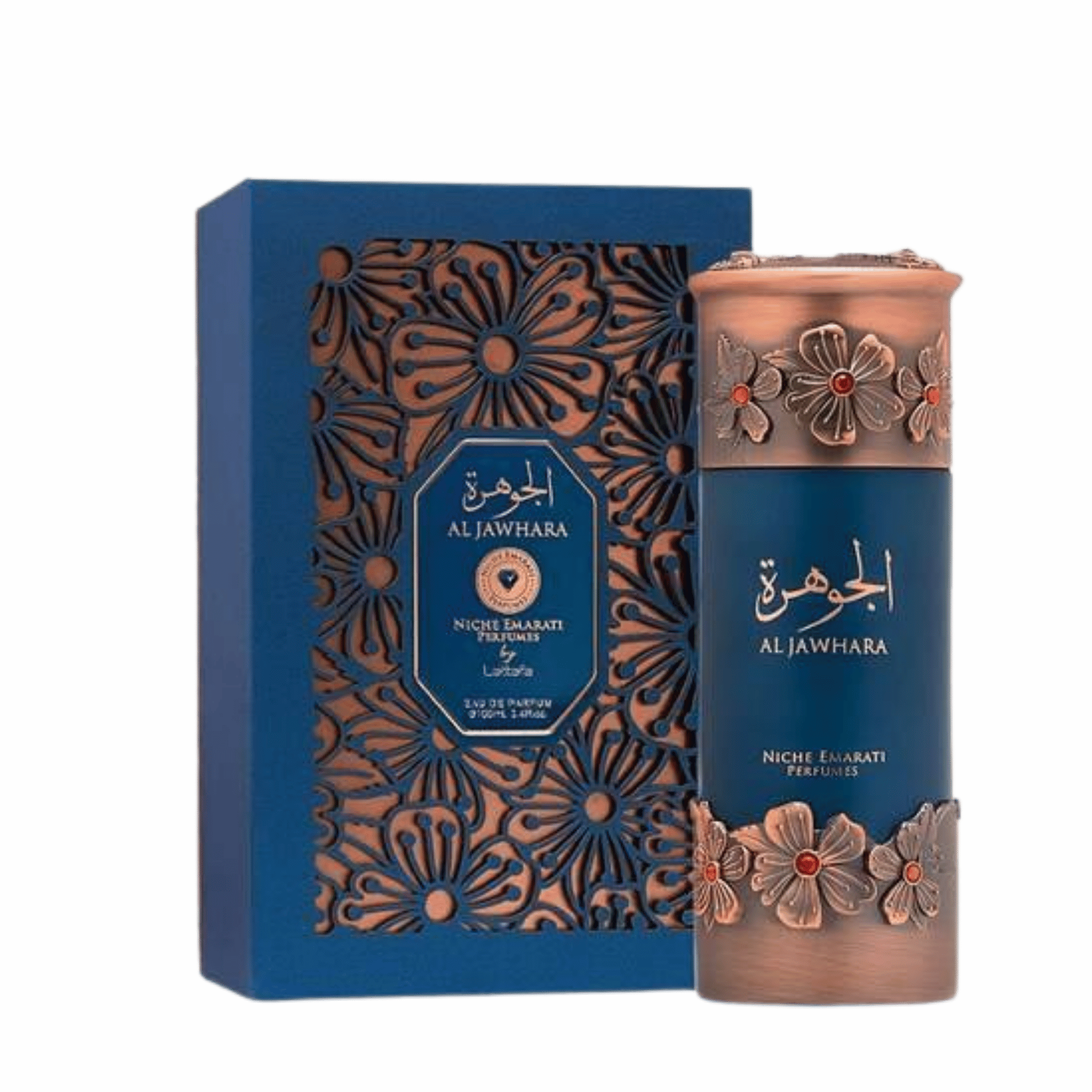 Niche Emarati Al Jawhara apa de parfum 100 ml, flacon frontal ce ilustrează designul ultra-luxos al colecției de nișă.