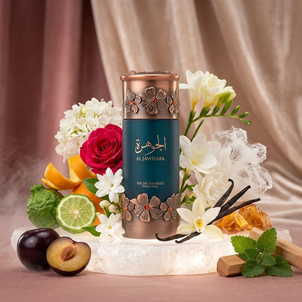 Niche Emarati Al Jawhara parfum original încadrat conceptual de trandafiri de Damasc, iasomie și prune zemoase.