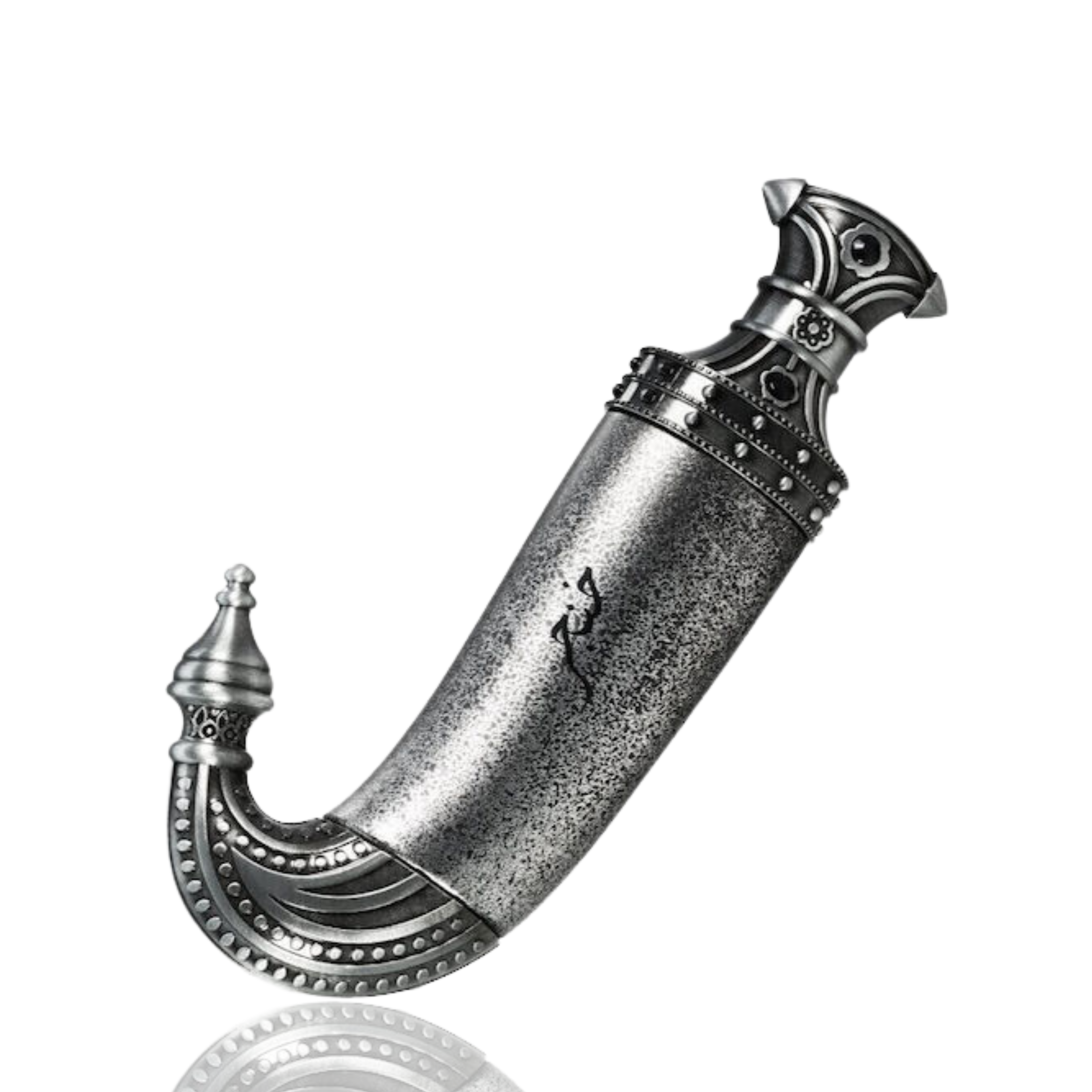 Detaliu flacon Niche Emarati Khanjar apa de parfum, evidențiind ornamentațiile tradiționale ale pumnalului arab.