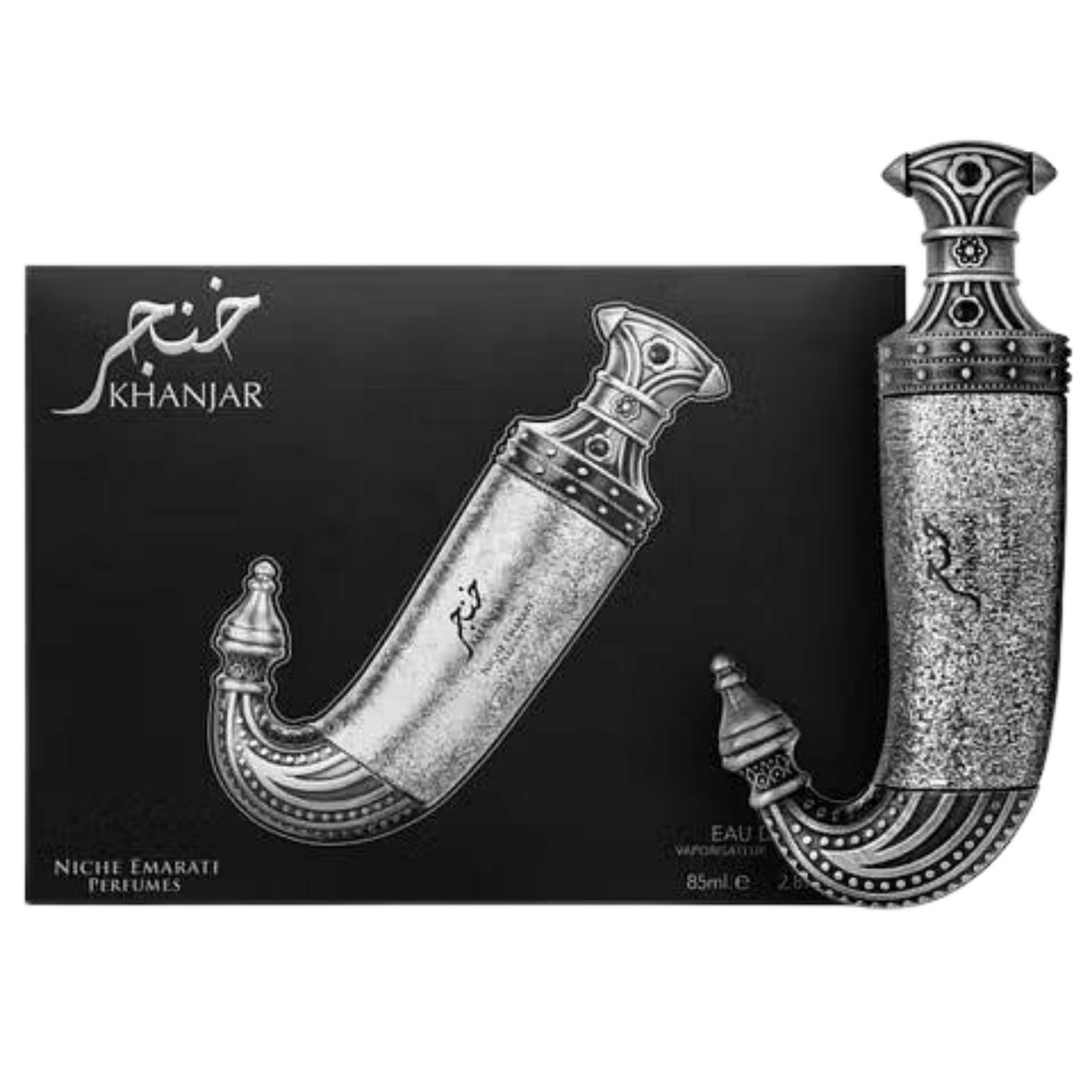Niche Emarati Khanjar apa de parfum pentru bărbați, flacon frontal de 85 ml cu design în formă de pumnal arab.