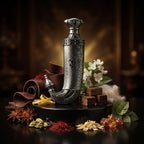 Niche Emarati Khanjar apa de parfum original prezentat alături de condimente orientale, piele, iasomie și ambră.