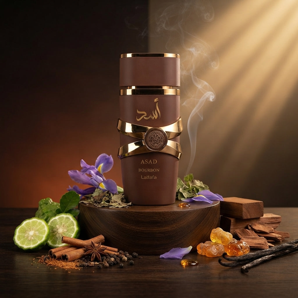 Lattafa Asad Bourbon Apă de Parfum sticlă elegantă - parfum original masculin cu note de bourbon și stejar