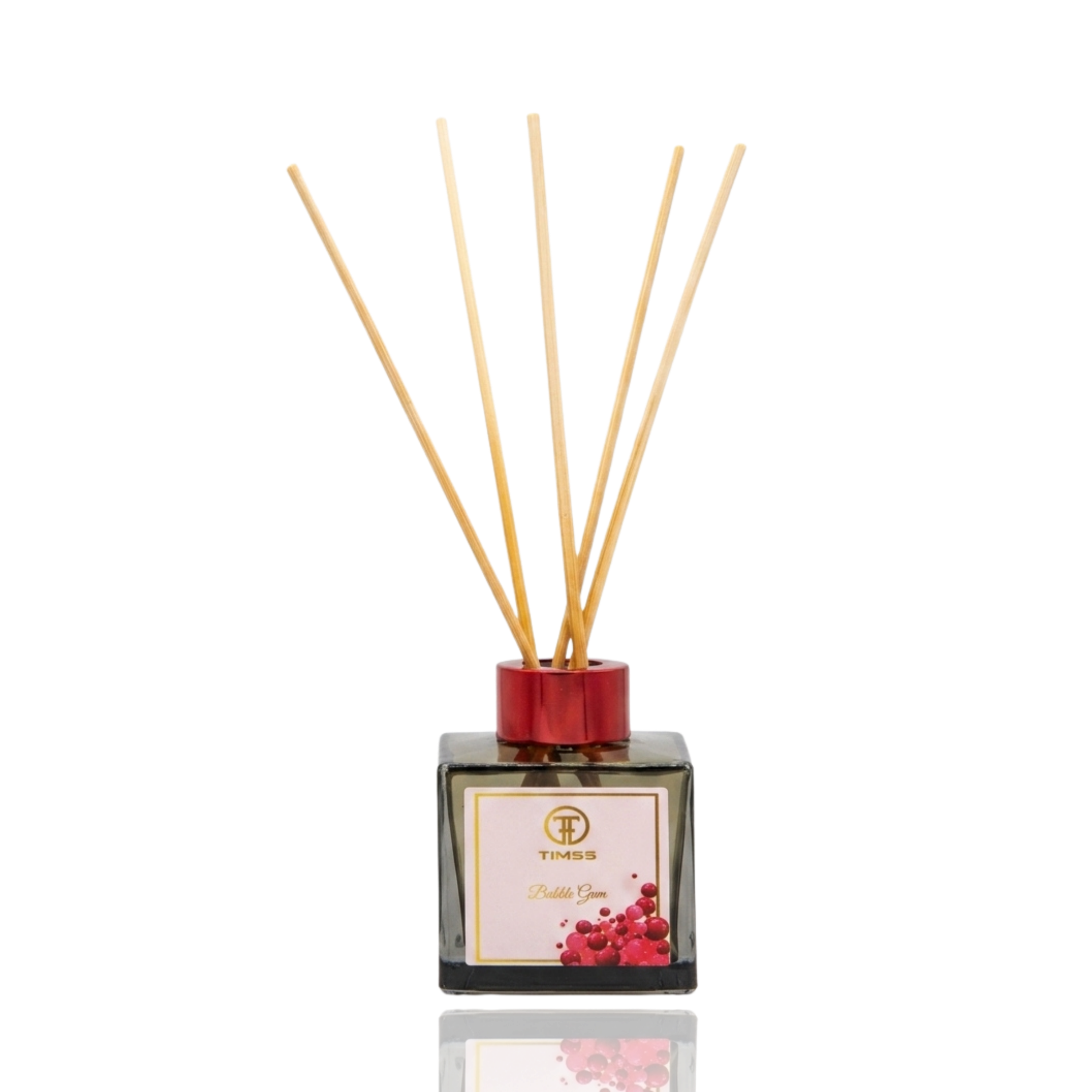 TIMSS Bubble Gum parfum de camera cu betisoare detaliu flacon sticla si difuzor Parfumer.md
