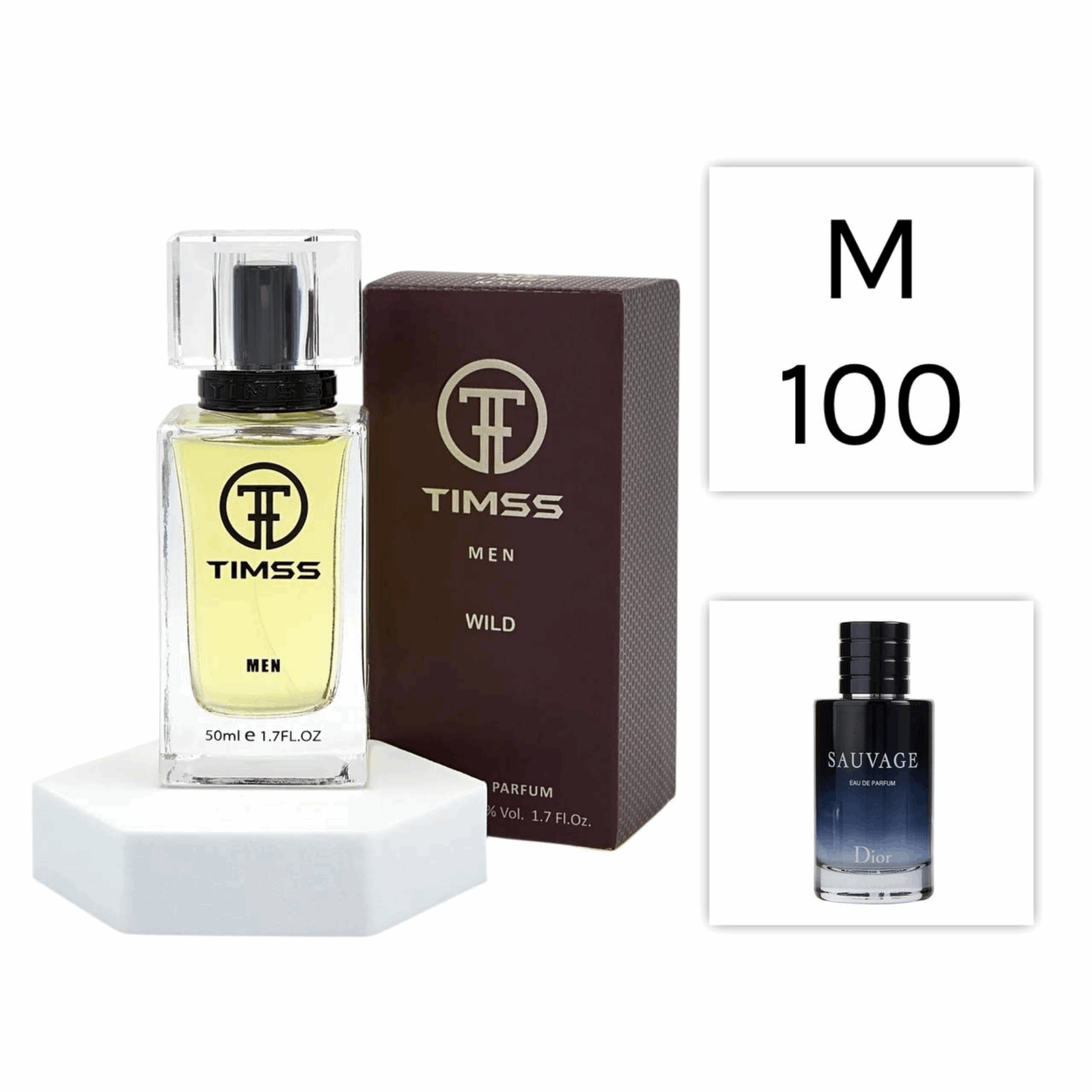 TIMSS M 100 Wild inspirat din Christian Dior Sauvage apa de parfum masculin 50 ml flacon frontal minimalist.