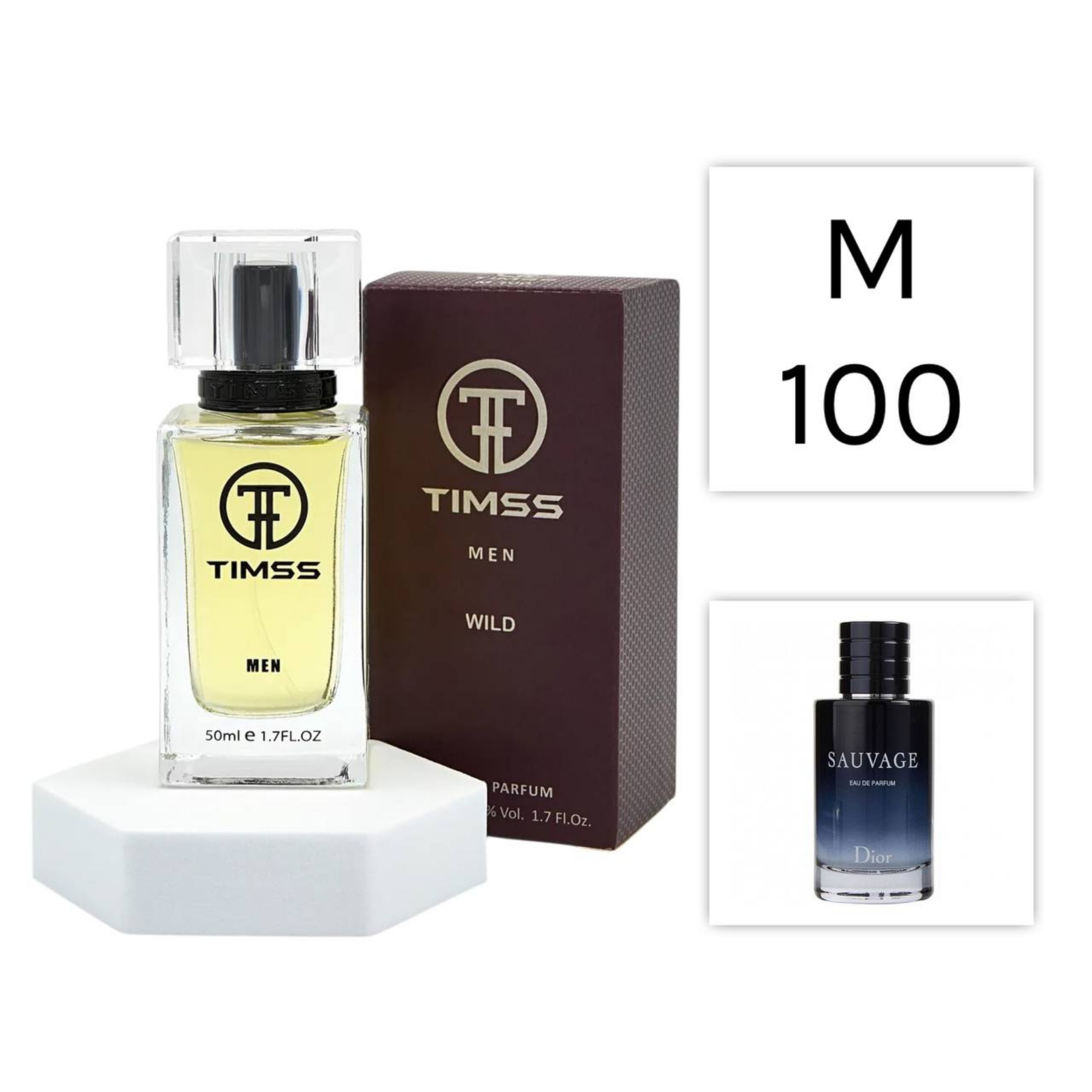 TIMSS M 100 Wild inspirat din Christian Dior Sauvage apa de parfum masculin 50 ml flacon frontal minimalist.