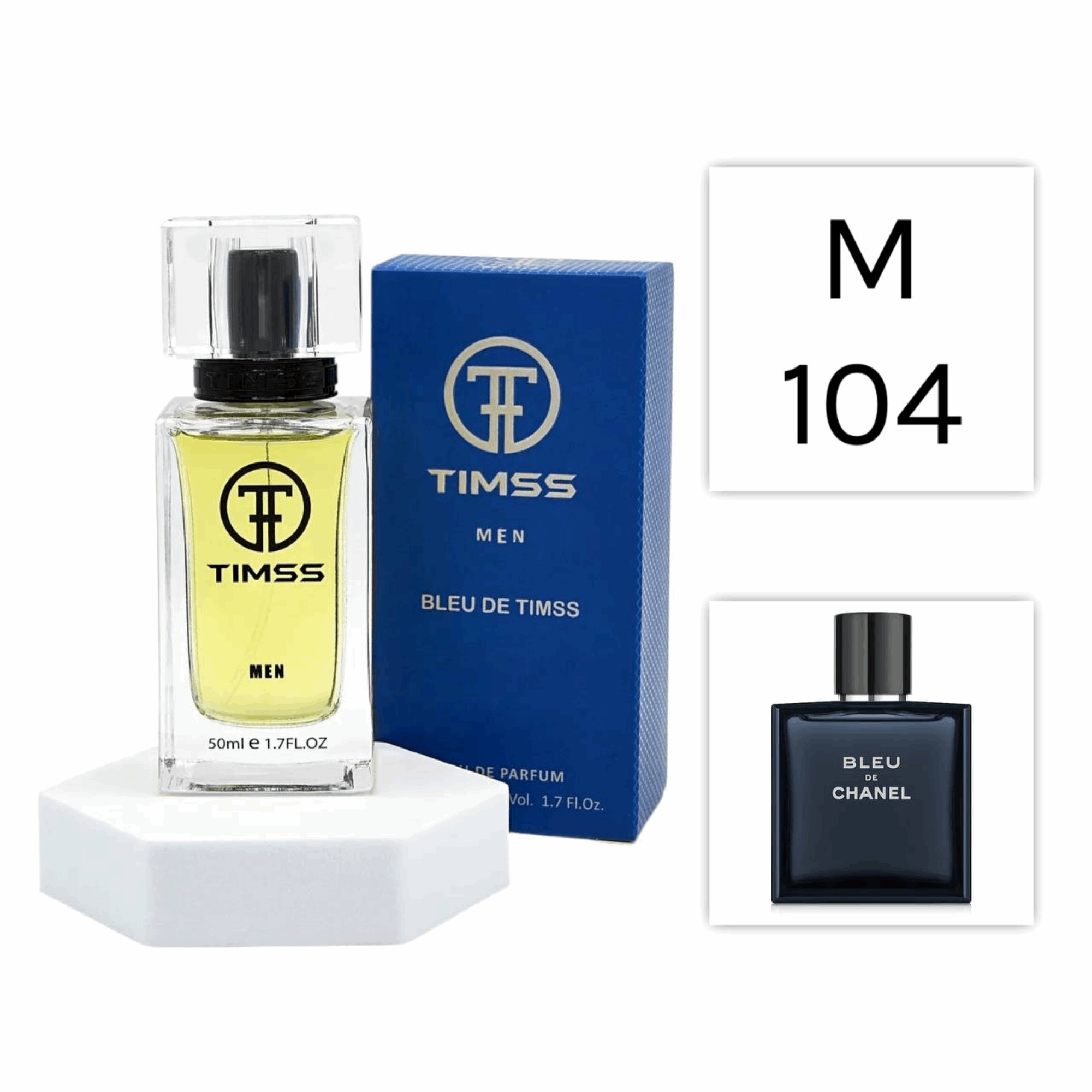 TIMSS M 104 Bleu De Timss inspirat din Chanel Bleu de Chanel apa de parfum masculin 50 ml flacon frontal minimalist.