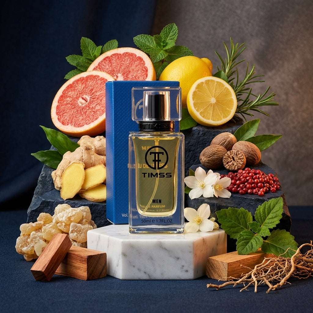 TIMSS M 104 Bleu De Timss inspirat din Chanel apa de parfum prezentat alături de grapefruit, ghimbir și tămâie.