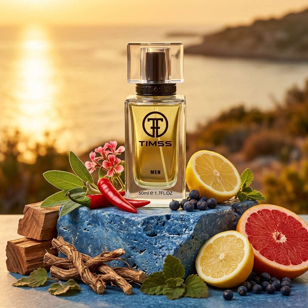 TIMSS M 105 King inspirat din Dolce & Gabbana K apa de parfum prezentat alături de lămâie, ienupăr și cedru.