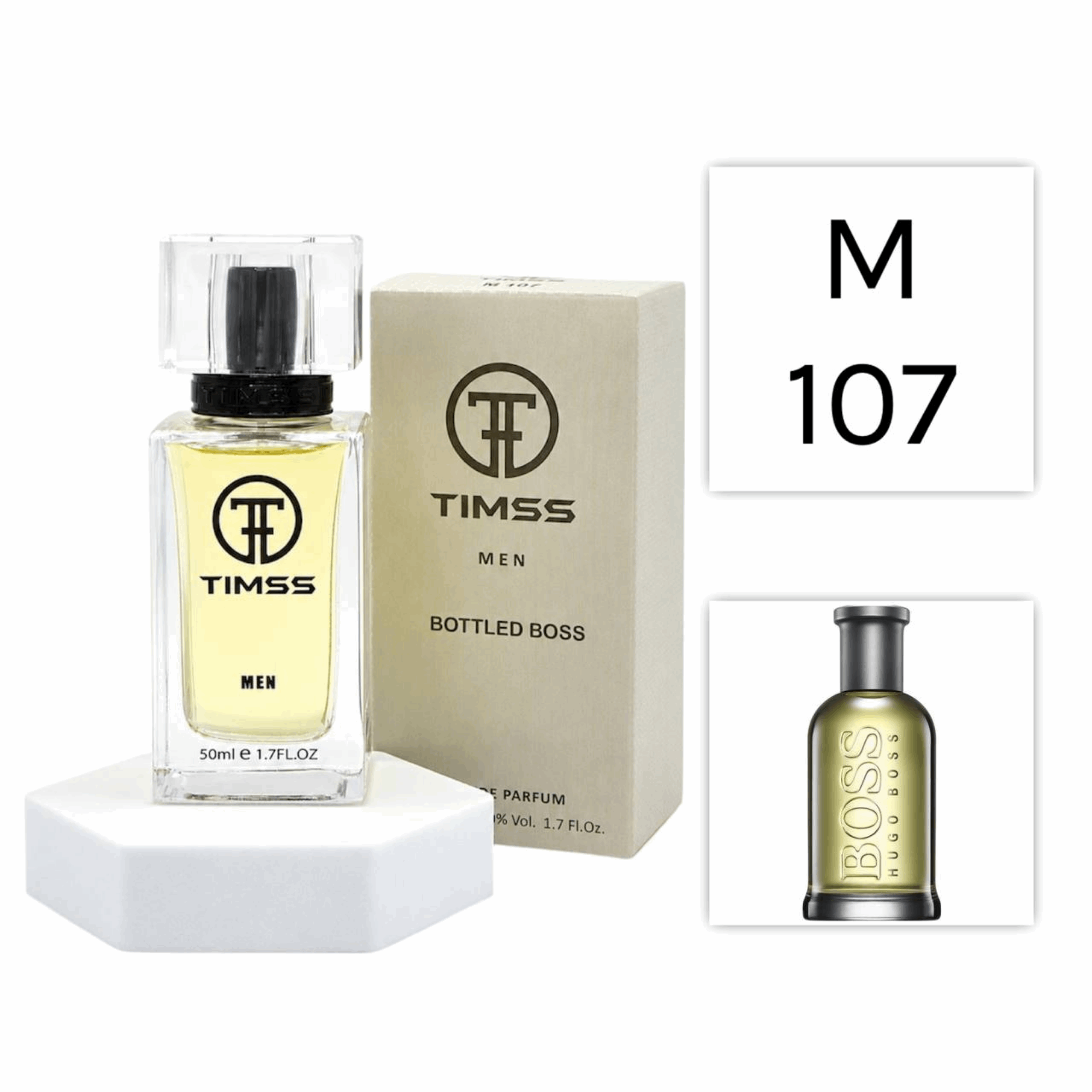TIMSS M 107 Bottlet inspirat din Hugo Boss Boss Bottled No. 6 apa de parfum masculin 50 ml flacon frontal.