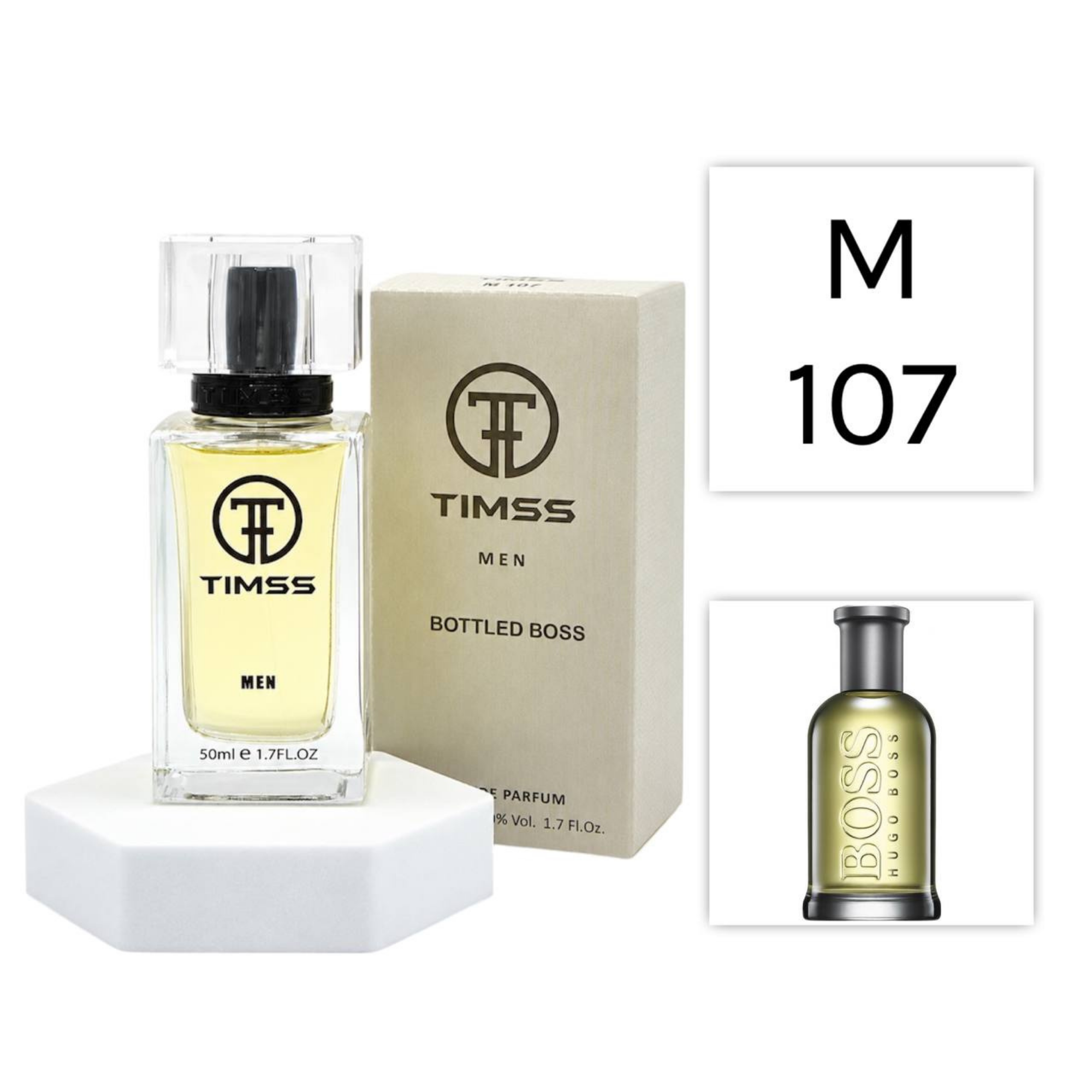 TIMSS M 107 Bottlet inspirat din Hugo Boss Boss Bottled No. 6 apa de parfum masculin 50 ml flacon frontal.