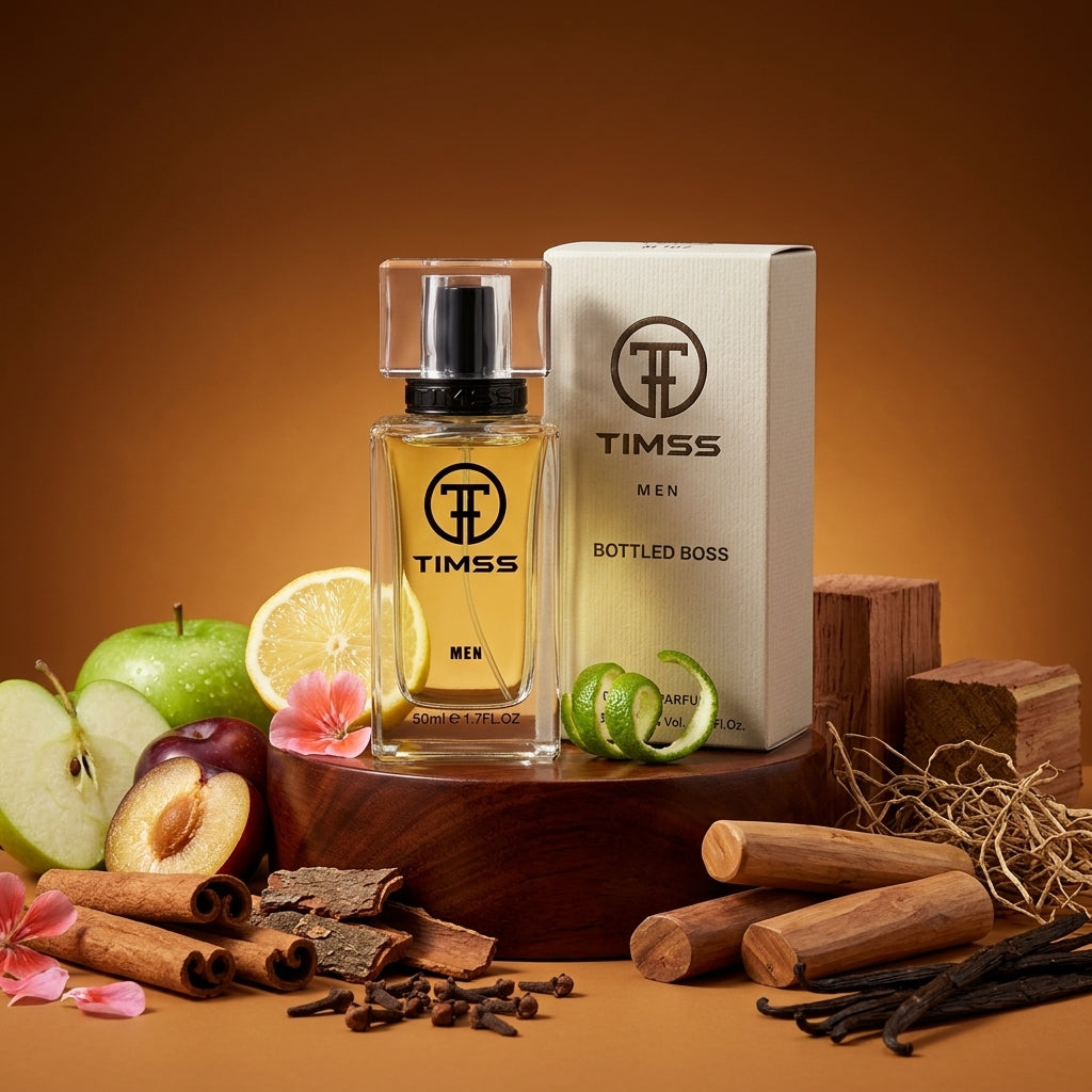 TIMSS M 107 Bottlet inspirat din Hugo Boss apa de parfum prezentat alături de măr verde, scorțișoară și cedru.