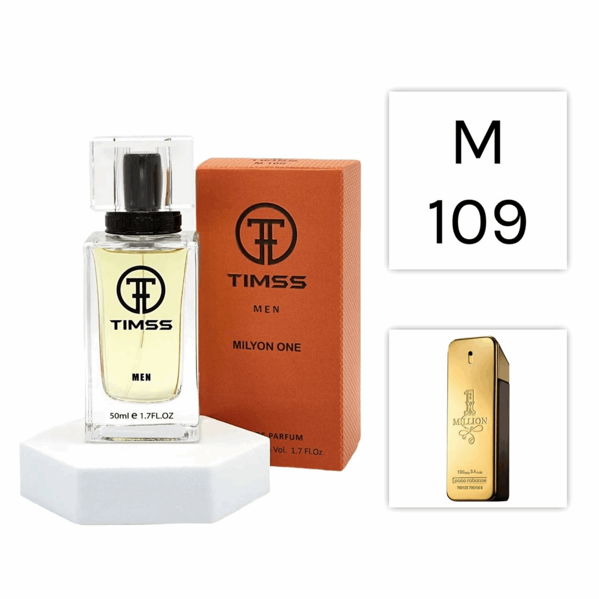 TIMSS M 109 Milyon One inspirat din Paco Rabanne 1 Million apa de parfum masculin 50 ml flacon frontal.