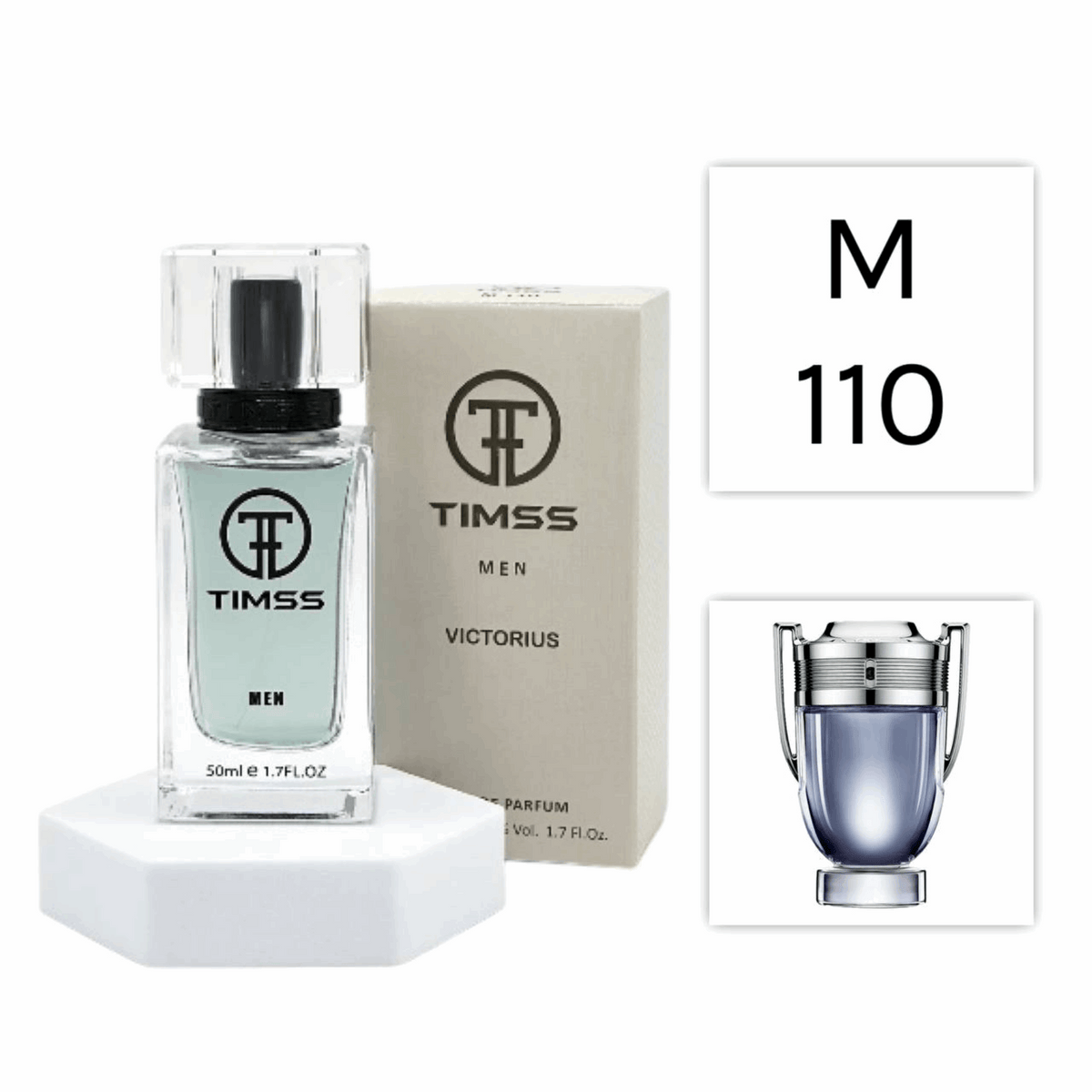 TIMSS M 110 Victorius inspirat din Paco Rabanne Invictus apa de parfum masculin 50 ml flacon frontal.
