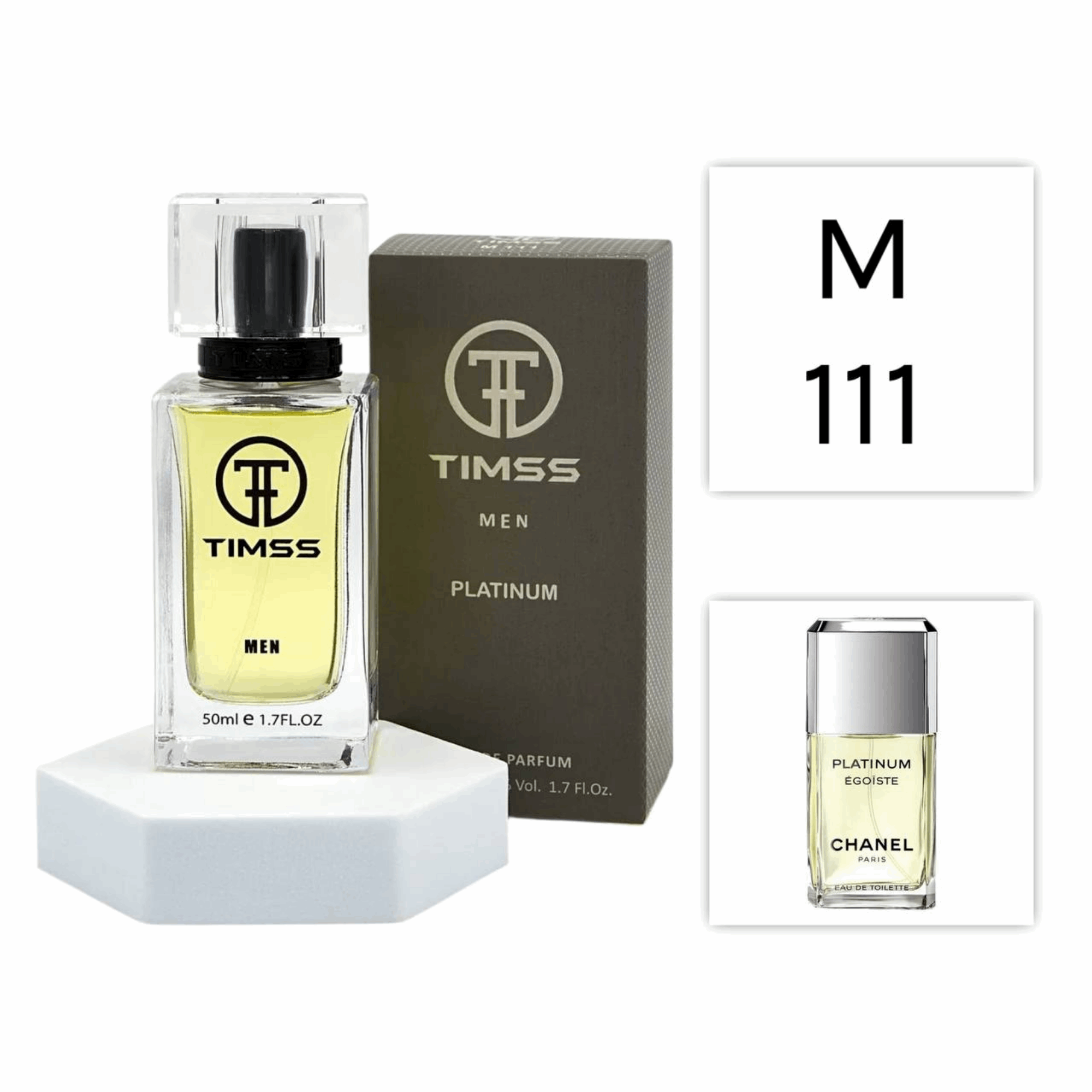 TIMSS M 111 Platinum inspirat din Chanel Égoïste Platinum apa de parfum masculin 50 ml flacon frontal.