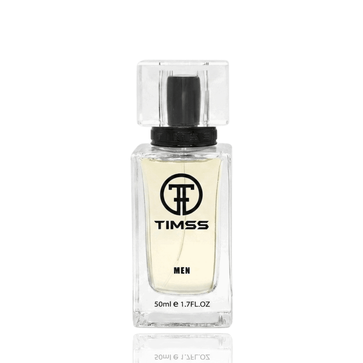 Detaliu flacon TIMSS M 114 Blanc inspirat din Lacoste apa de parfum, evidențiind eticheta și pulverizatorul.