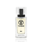 Detaliu flacon TIMSS M 114 Blanc inspirat din Lacoste apa de parfum, evidențiind eticheta și pulverizatorul.