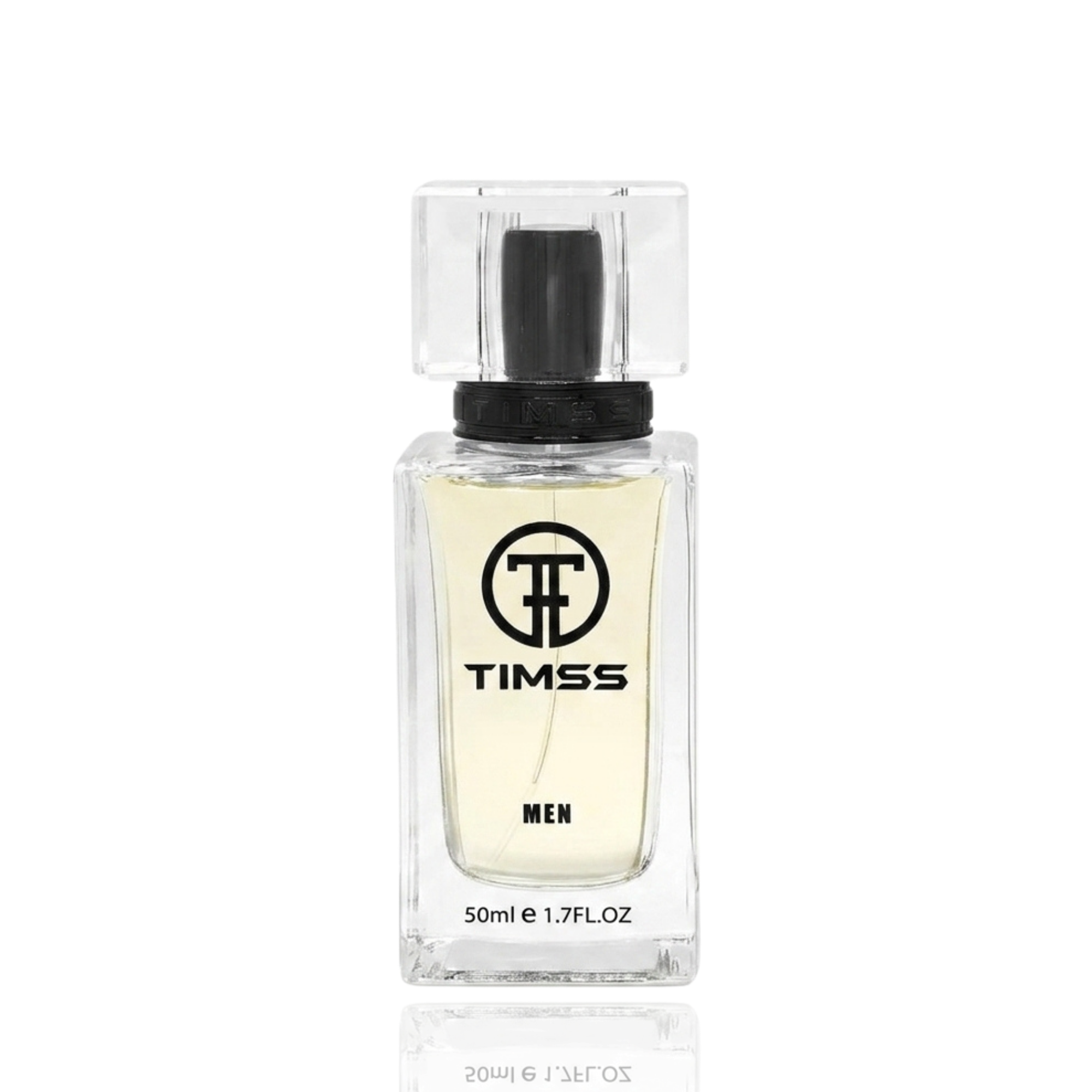 Detaliu flacon TIMSS M 114 Blanc inspirat din Lacoste apa de parfum, evidențiind eticheta și pulverizatorul.