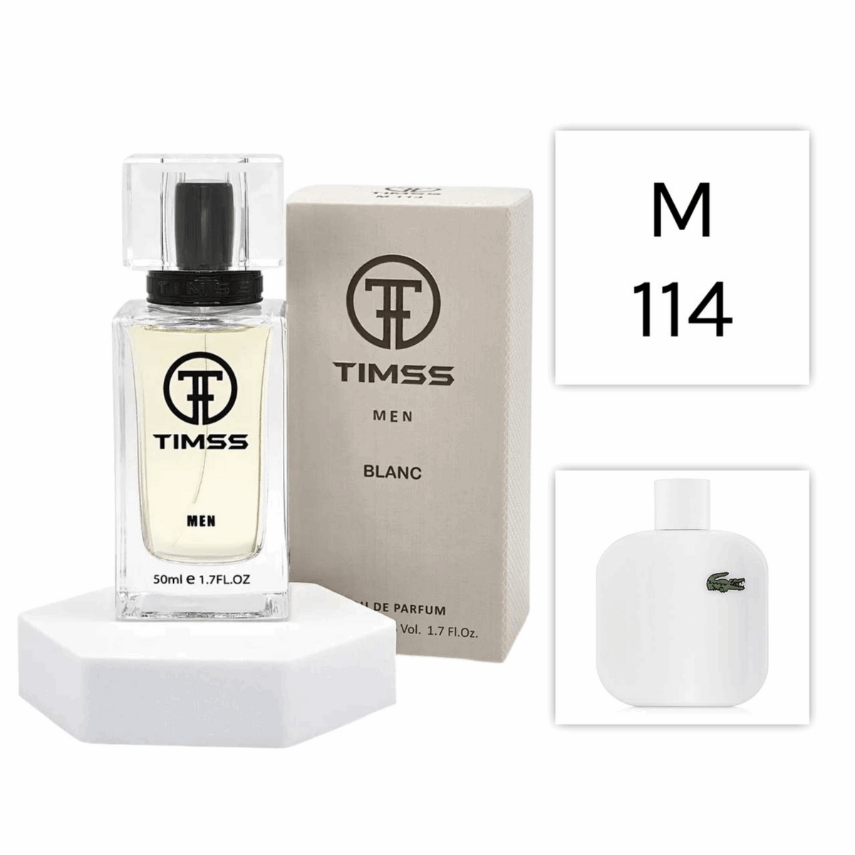 TIMSS M 114 Blanc inspirat din Lacoste L.12.12 Blanc apa de parfum masculin 50 ml flacon frontal.