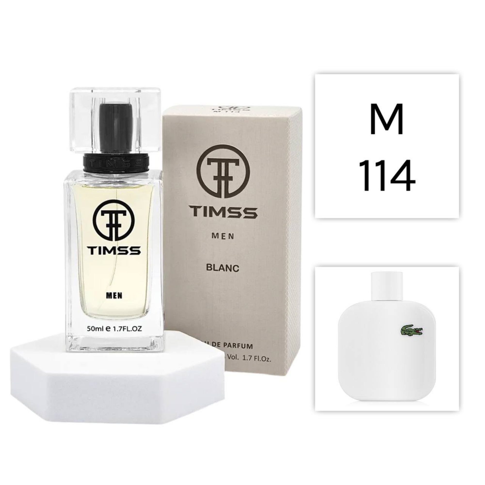 TIMSS M 114 Blanc inspirat din Lacoste L.12.12 Blanc apa de parfum masculin 50 ml flacon frontal.