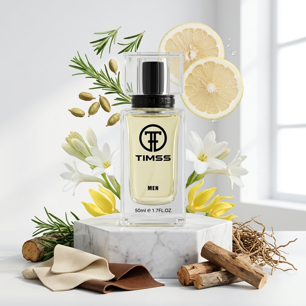 TIMSS M 114 Blanc inspirat din Lacoste apa de parfum prezentat alături de grefă, tuberoză și piele întoarsă.