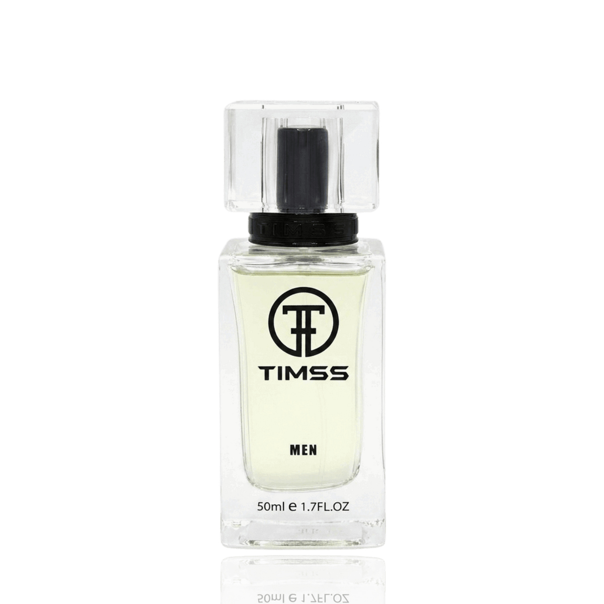Detaliu flacon TIMSS M 117 Gio inspirat din Giorgio Armani apa de parfum, evidențiind eticheta și pulverizatorul.