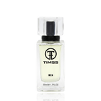 Detaliu flacon TIMSS M 117 Gio inspirat din Giorgio Armani apa de parfum, evidențiind eticheta și pulverizatorul.