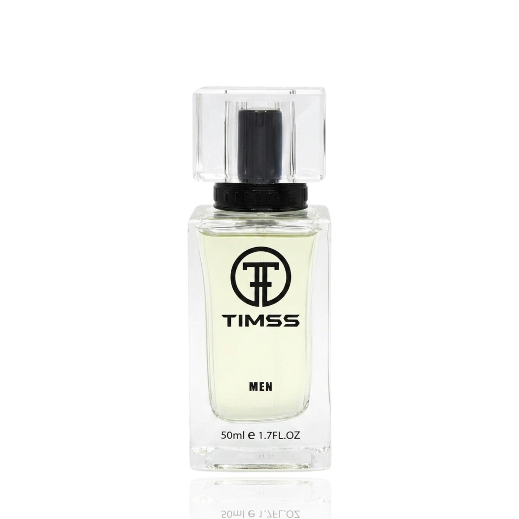 Detaliu flacon TIMSS M 117 Gio inspirat din Giorgio Armani apa de parfum, evidențiind eticheta și pulverizatorul.