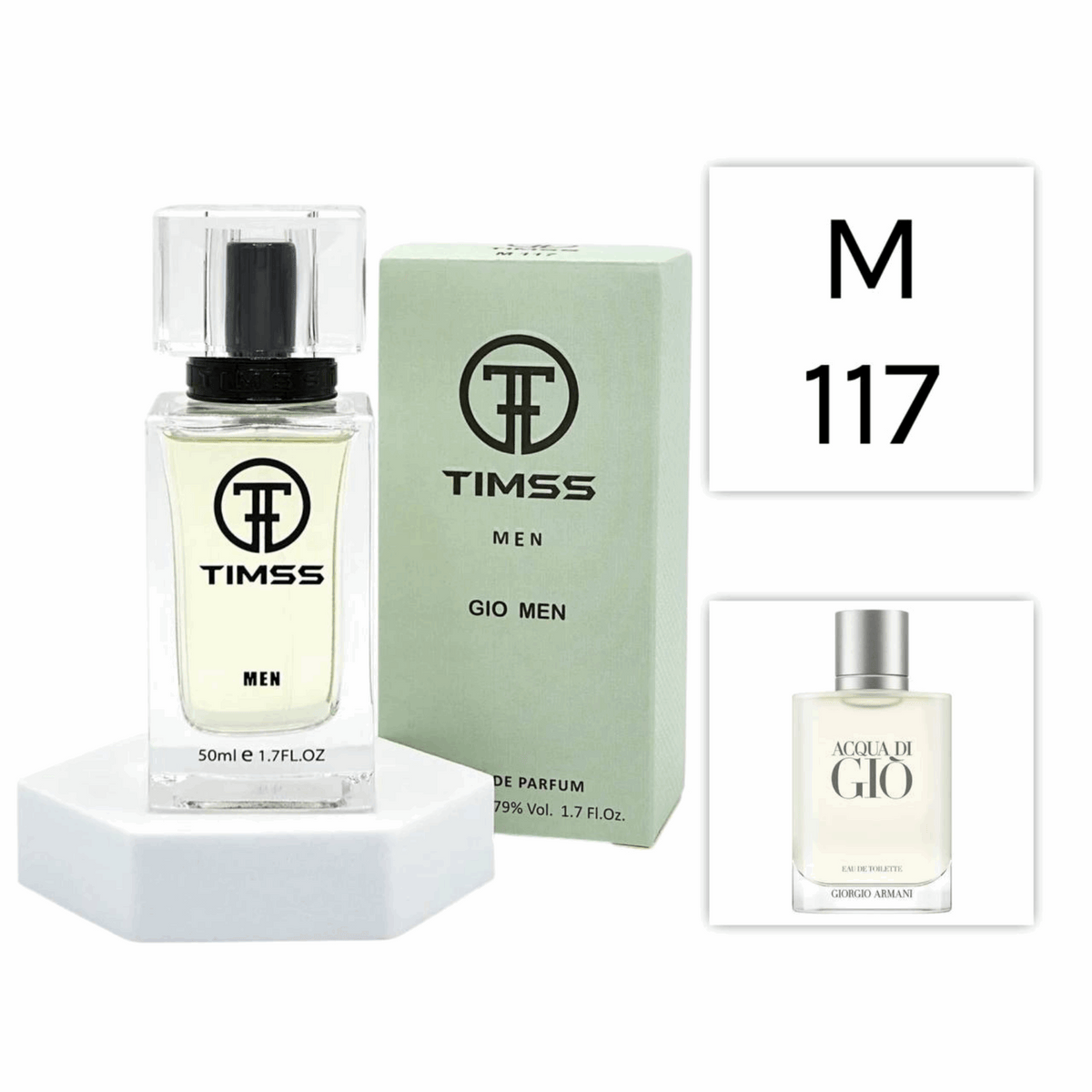 TIMSS M 117 Gio inspirat din Giorgio Armani Acqua Di Gio apa de parfum masculin 50 ml flacon frontal.