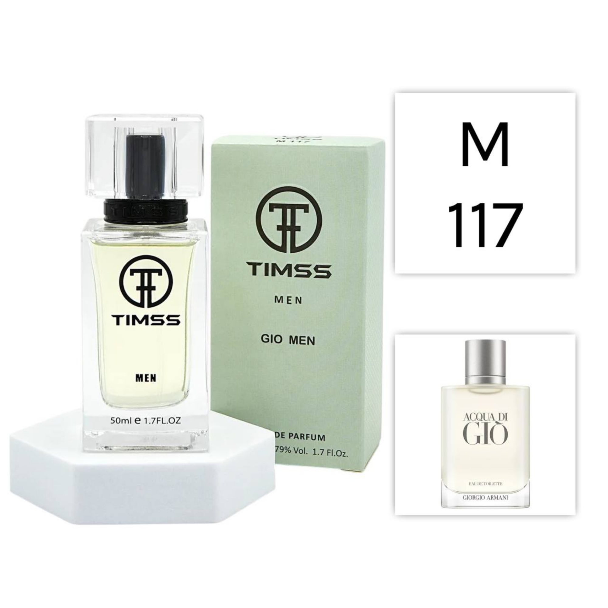 TIMSS M 117 Gio inspirat din Giorgio Armani Acqua Di Gio apa de parfum masculin 50 ml flacon frontal.