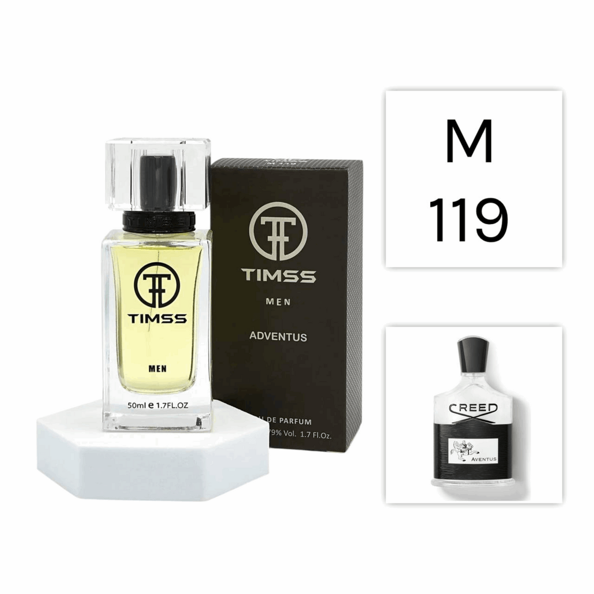 TIMSS M 119 Adventus inspirat din Creed Aventus apa de parfum masculin 50 ml flacon frontal.