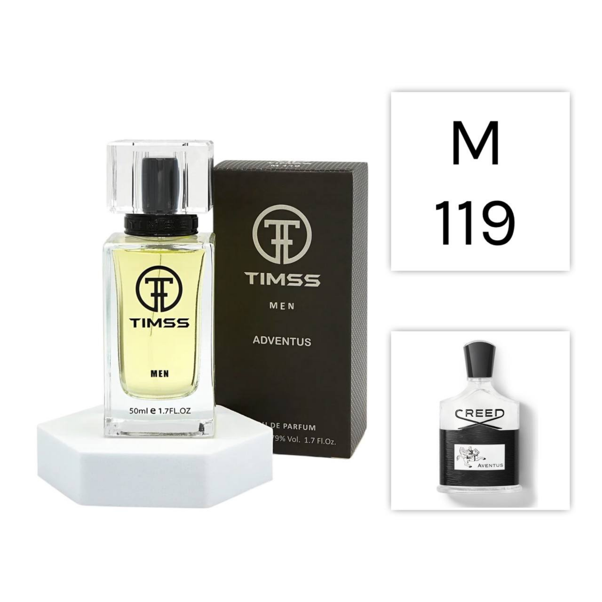 TIMSS M 119 Adventus inspirat din Creed Aventus apa de parfum masculin 50 ml flacon frontal.