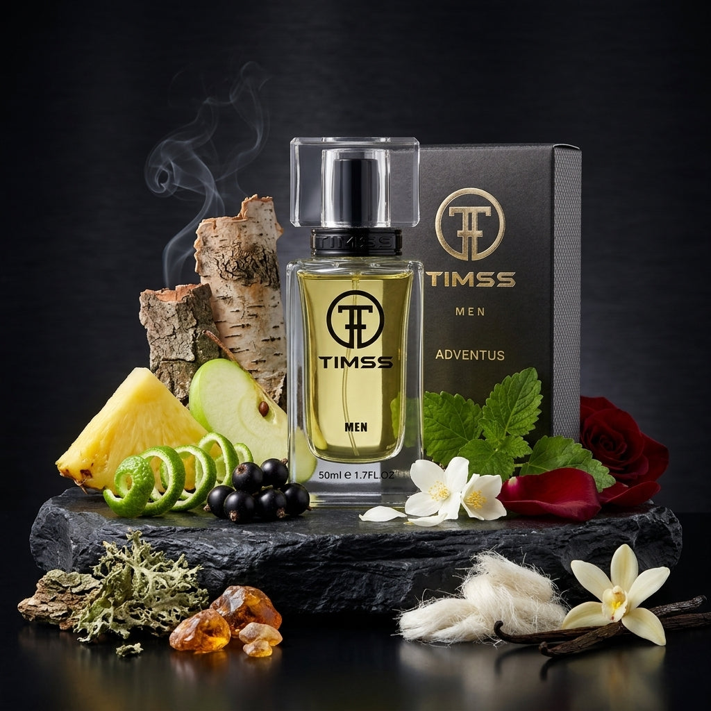 TIMSS M 119 Adventus inspirat din Creed Aventus apa de parfum prezentat alături de ananas, mesteacăn și mușchi de stejar.
