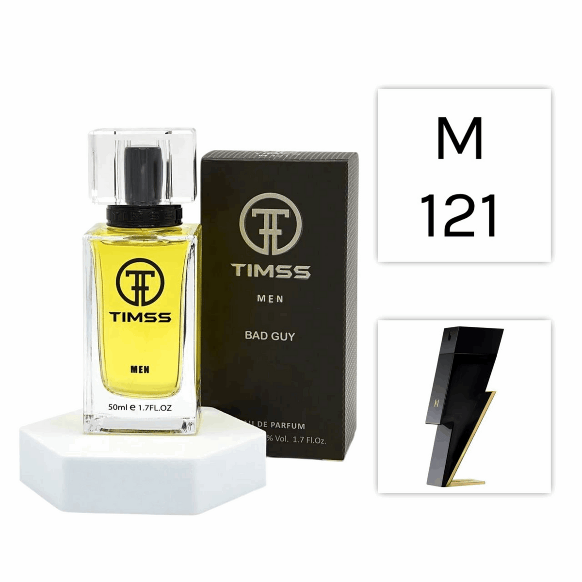 TIMSS M 121 Badboy inspirat din Carolina Herrera Bad Boy apa de parfum masculin 50 ml flacon frontal.