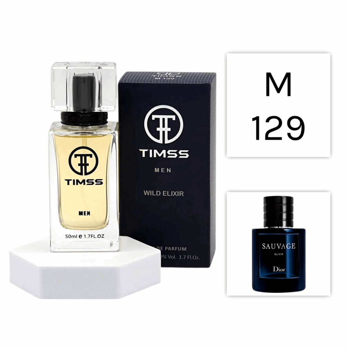 TIMSS M 129 Wild Elixir inspirat din Christian Dior Sauvage Elixir apa de parfum masculin 50 ml flacon frontal.
