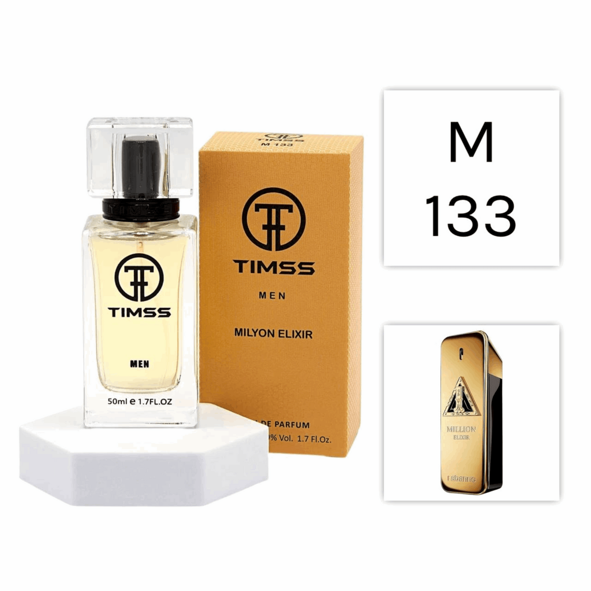 TIMSS M 133 Milyon Elixir inspirat din Paco Rabanne 1 Million Elixir apa de parfum masculin 50 ml flacon frontal.