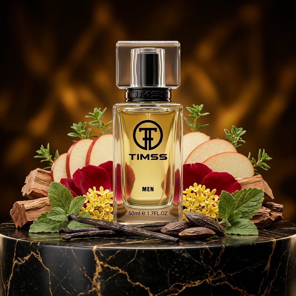 TIMSS M 133 Milyon Elixir inspirat din Paco Rabanne apa de parfum prezentat alături de măr roșu, trandafir și vanilie.