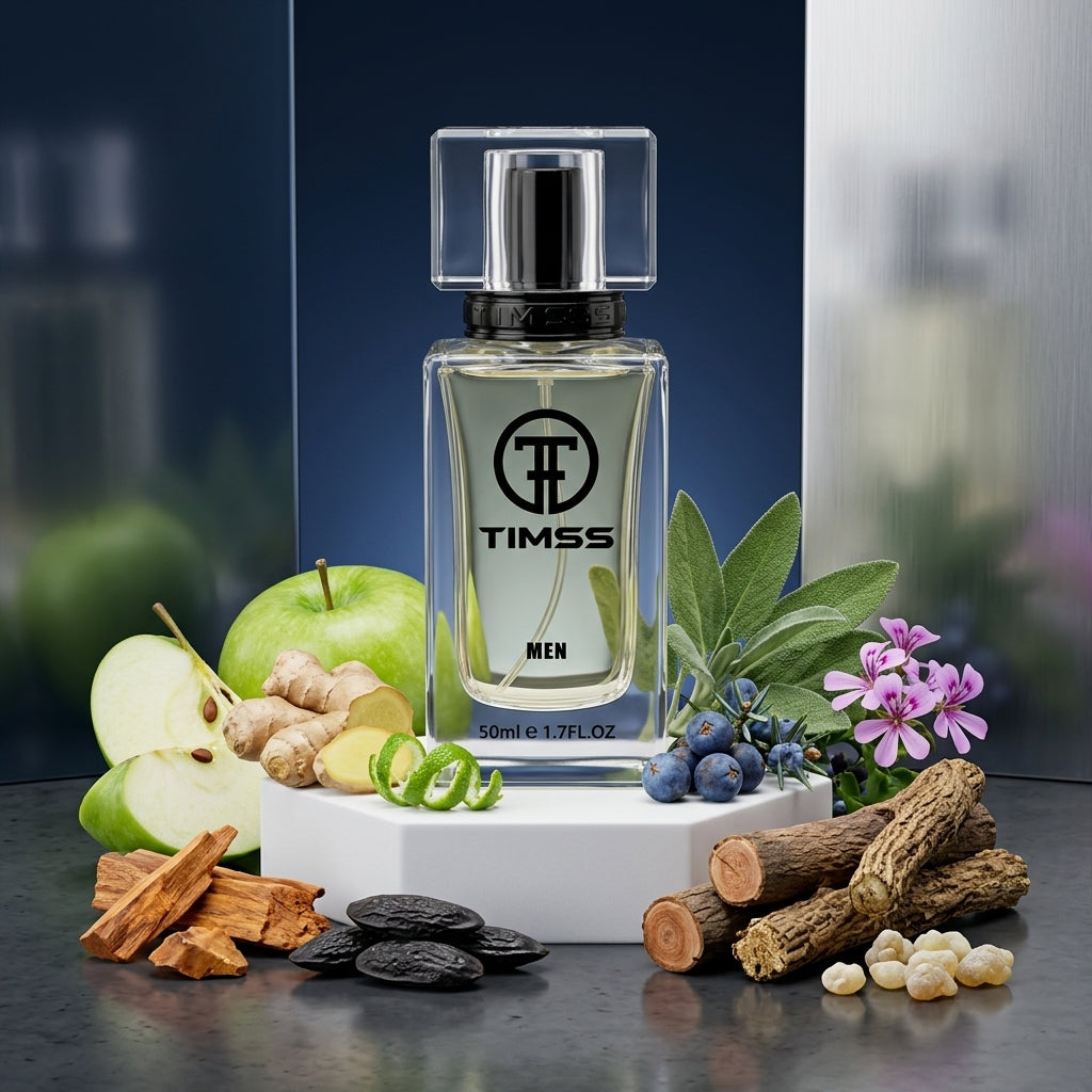 TIMSS M 135 Y Men inspirat din Yves Saint Laurent apa de parfum prezentat alături de măr verde, salvie și cedru.