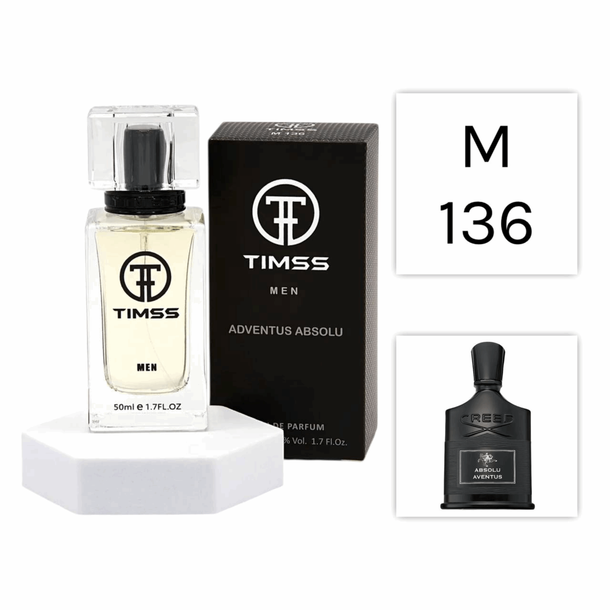 TIMSS M 136 Adventus Absolu inspirat din Creed Absolu Aventus apa de parfum masculin 50 ml flacon frontal.