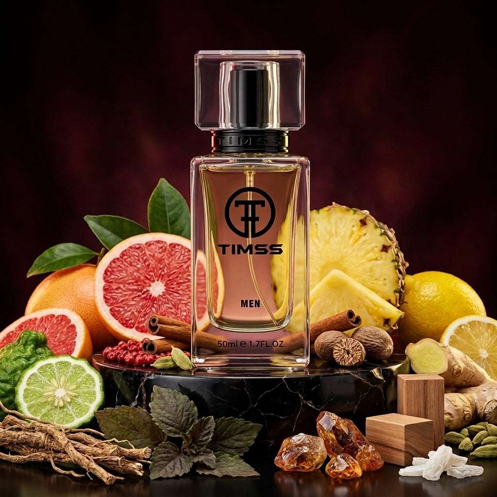 TIMSS M 136 Adventus Absolu inspirat din Creed apa de parfum prezentat alături de grefă, ananas și lemn de cașmir.