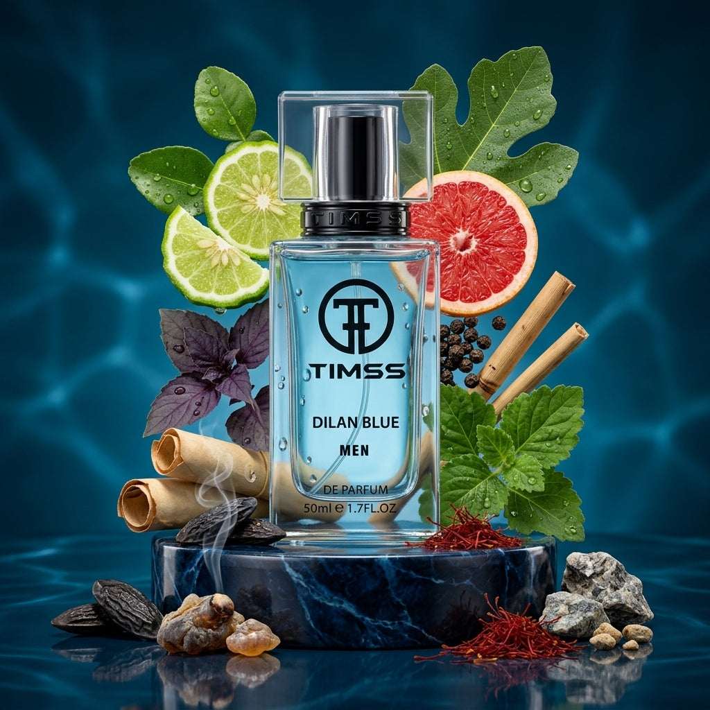 TIMSS M 139 Dilan Blue inspirat din Versace apa de parfum prezentat alături de bergamotă, piper negru și tămâie.