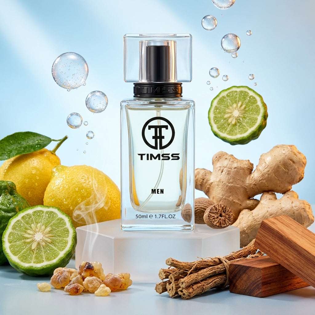 TIMSS M 140 Timss Sport Men inspirat din Christian Dior apa de parfum prezentat alături de lămâie, ghimbir și tămâie.
